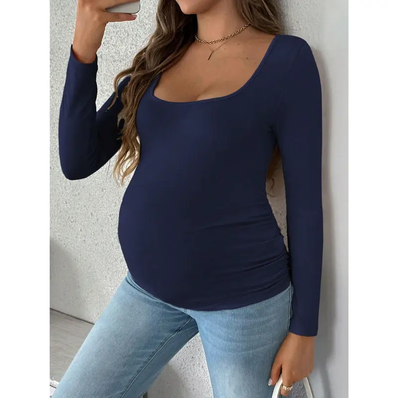 Maternity Solid Color Long Sleeve Casual Ruched T-Shirt, Everyday Wear 4
