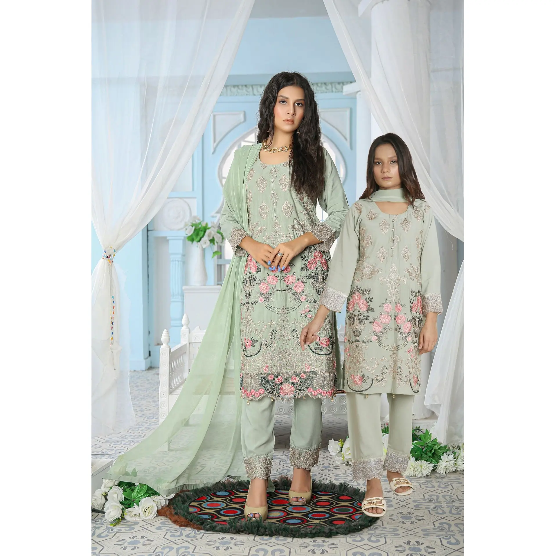 Embroidered Readymade Linen Mother & Daughter Suit Pista Green TS-175 | Mother & Daughter Pakistani Suit