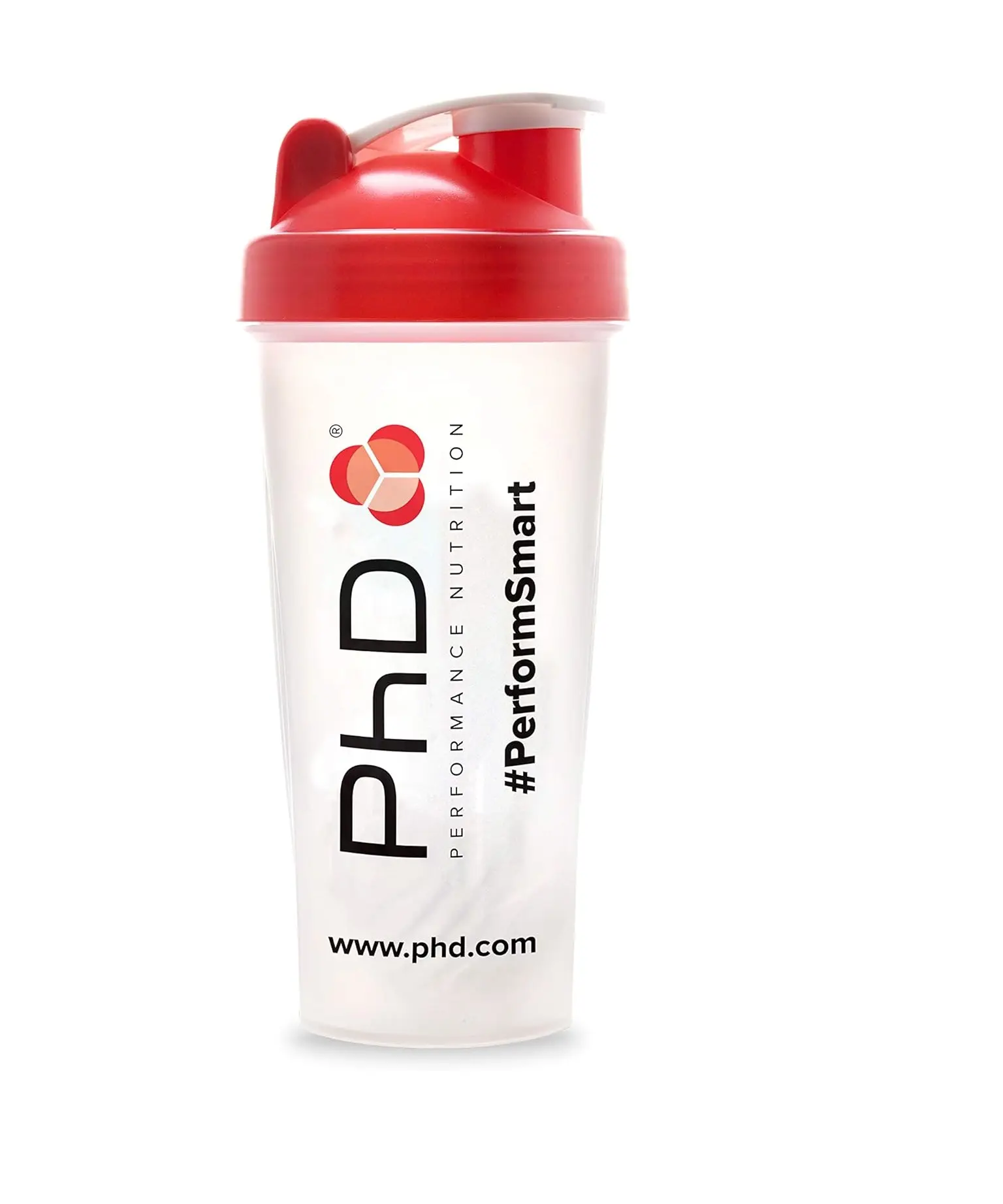 PhD Nutrition Mixball Shaker, Shaker for Protein Shakes, Wire Mixball Whisk, Red Non-Drip Screw Lid, Transparent Colour, 600 ml