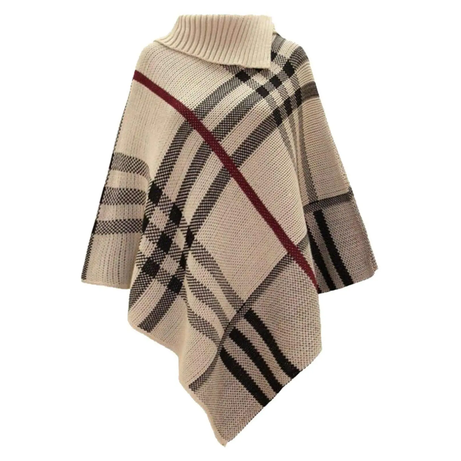 Ladies Womens Winter High Polo Neck Knitted Tartan Check Poncho Shawl Sweater Jumper Wrap Cape