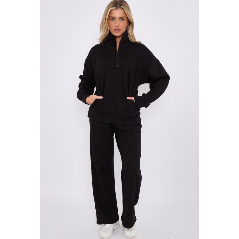 Women's 1/2 Zip Fleece Co-ord Set - Sweatshirt & Wide Leg Joggers with Pockets - Womenswear, Suits Minimalist Basic Suits Comfort Long Sleeve Casual Casual 4