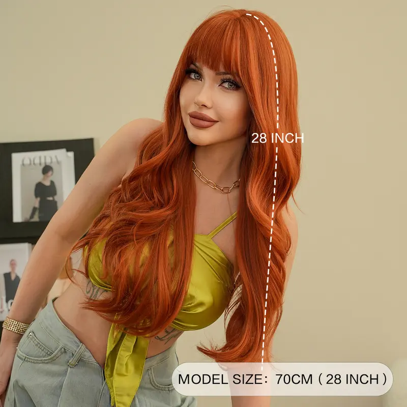 Orange Synthetic Wig Fashion Women Natural Air Bangs Big Waves Long Curly Hair Daily Party Use Full Head Cover 1