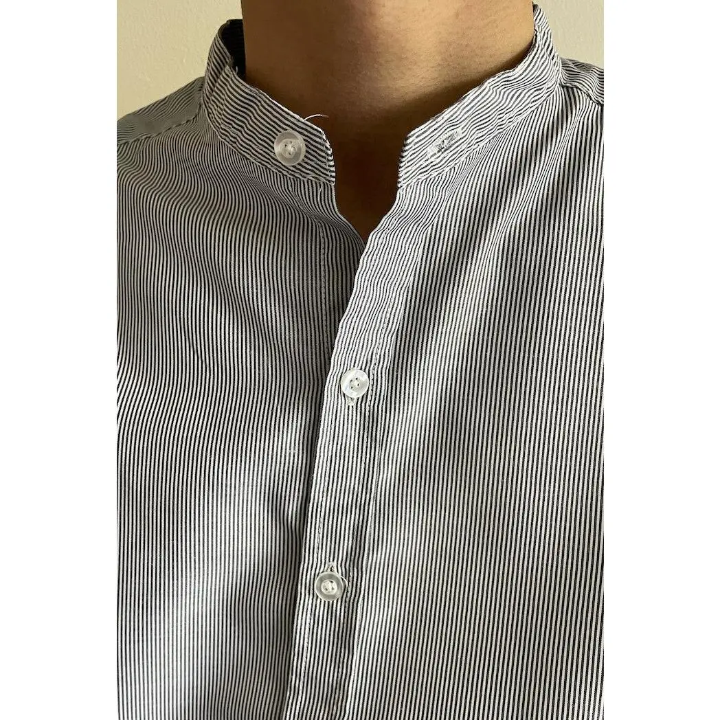Mens casual pinstriped Grandad Collar Shirt Ash