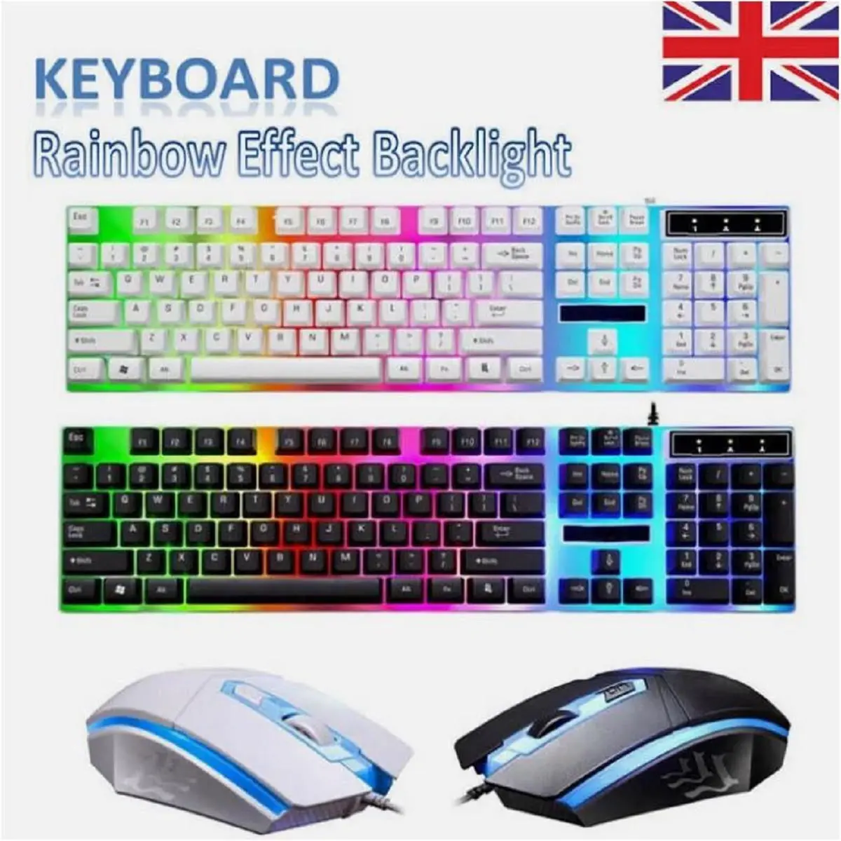 Gaming Keyboard Mouse Set USB Rainbow RGB LED Wired For PC Laptop PS5 Xbox One