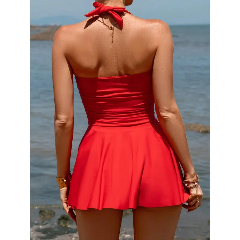 Swim Vcay 2025 Women's Solid Color Halter Cross Front Casual Swimsuit Dress Summer 2