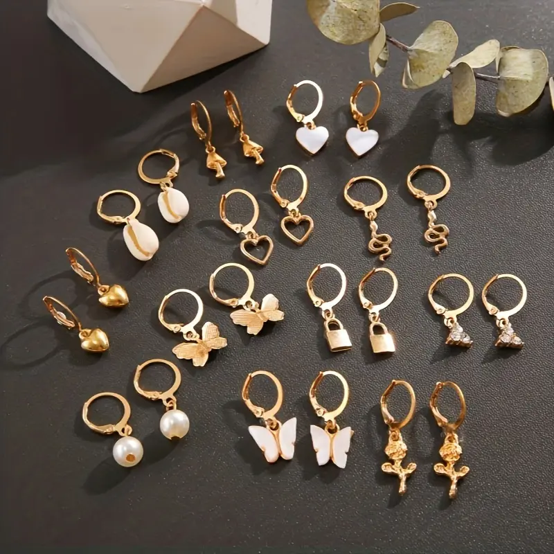 12 Pairs/ Set Heart Mushroom Lock Shell Faux Pearl Shiny Rhinestone Pendant Dangle Earrings Set Elegant Leisure Style Trendy Female Gift 3
