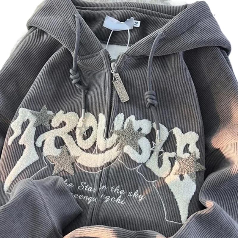 Product Introduction of Y2k Zip Up Hoodie Women Retro Embroidered Letter Loose Long Sleeve Tops 2025 Casual Hooded Sweatshirts Harajuku Jackets coat 5