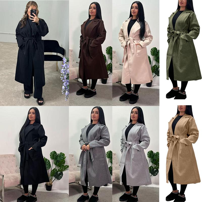 Womens Casual Long Sleeve Lapel Collar 2 Front Pockets Tie Up Long Coat Ladies Outdoor Winter Warm Belted Waist Trench Duster Long Coat Jacket 8