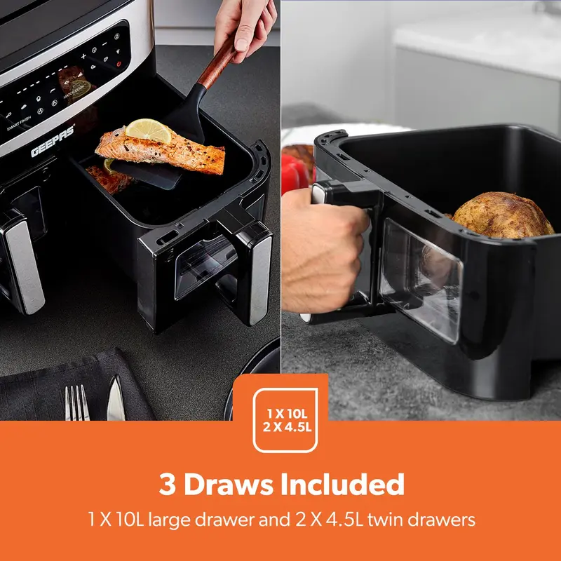 GEEPAS Dual Air Fryer Dual Zone Family Sized Multi Cooker 3 draws Included 2600W 2