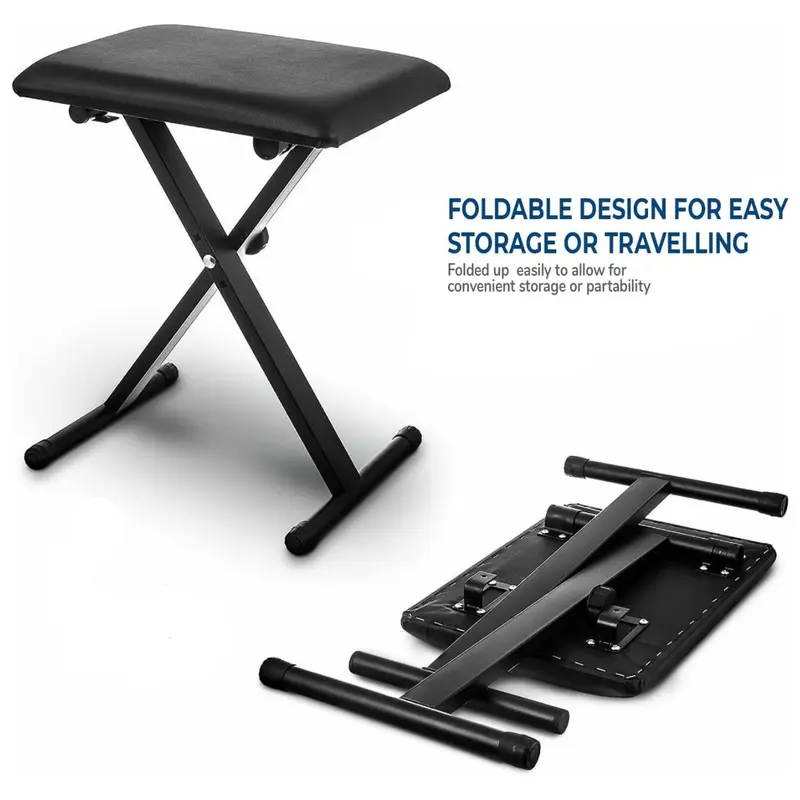 Adjustable Height X-Style Padded Folding Piano Bench with High-density Sponges - Sturdy Durable Metal Music Stool for up to 160 Kg - Portable PU Leather Pedded Stool - Black - Easy Clean 3