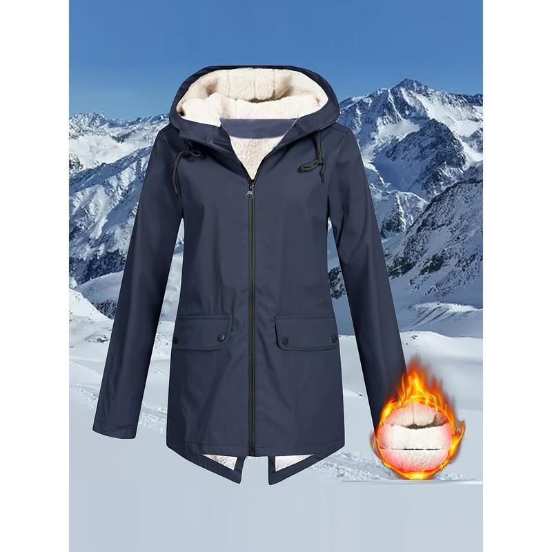 Flap Pockets Zip-up Hoodie Jacket, Casual Long Sleeve Drawstring Windbreaker Jacket For Fall & Winter, Women's Clothing Fabric Womenswear 2