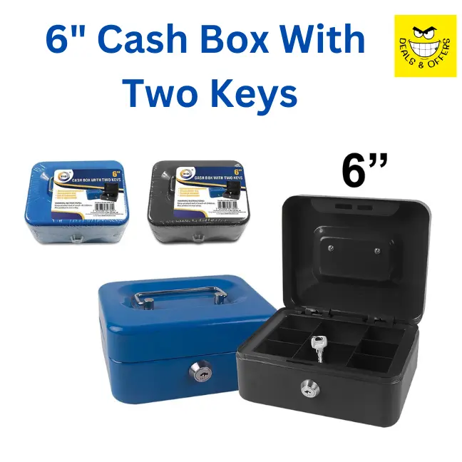 6 Inch Cash Box with 2 Keys - Blue/Black, Perfect for Home Use, Office Use & Commercial Use