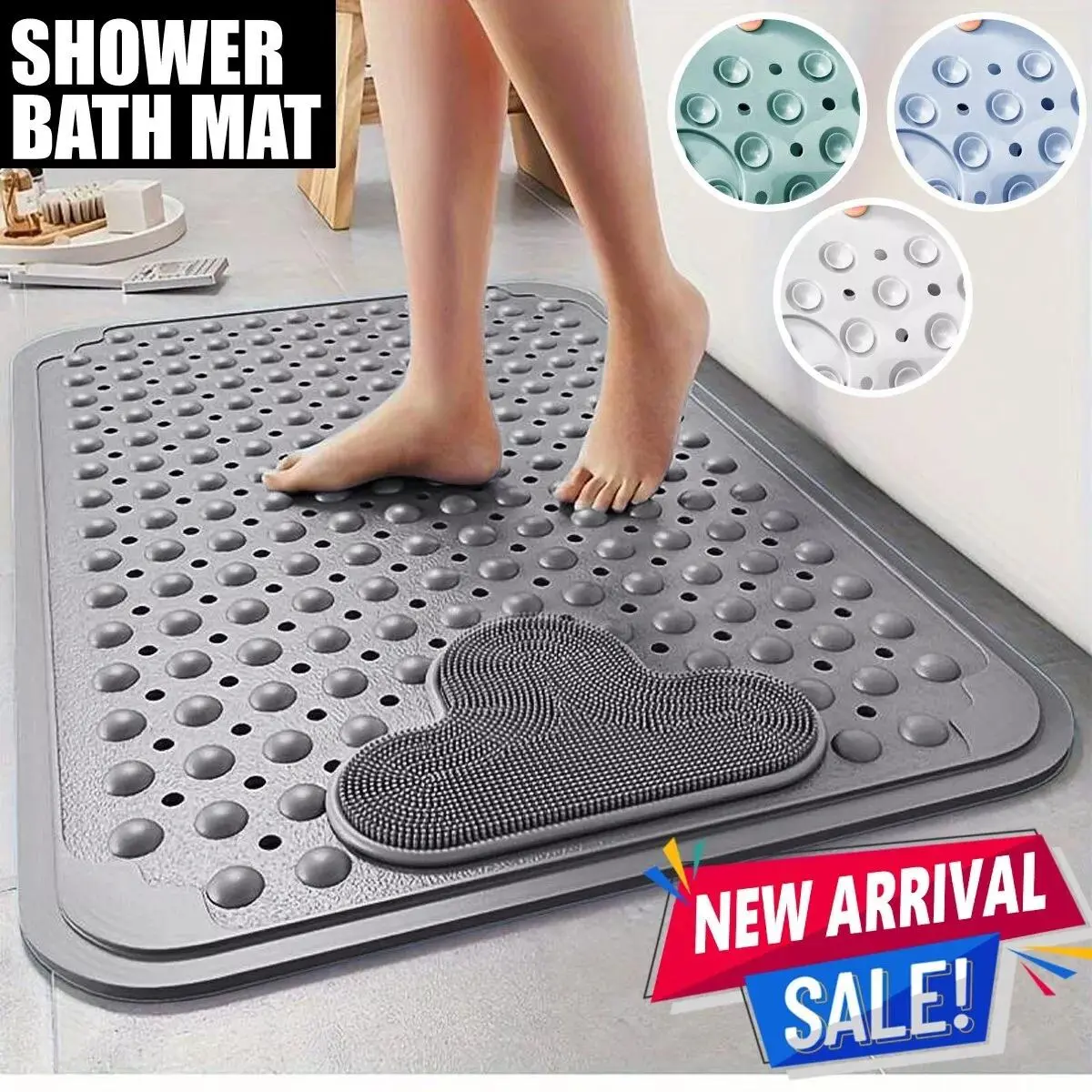 XL Bath Mat Non Slip Bathtub Strong Suction Foot Massager Shower Mat perfect washable nonslip grey bathmat gift