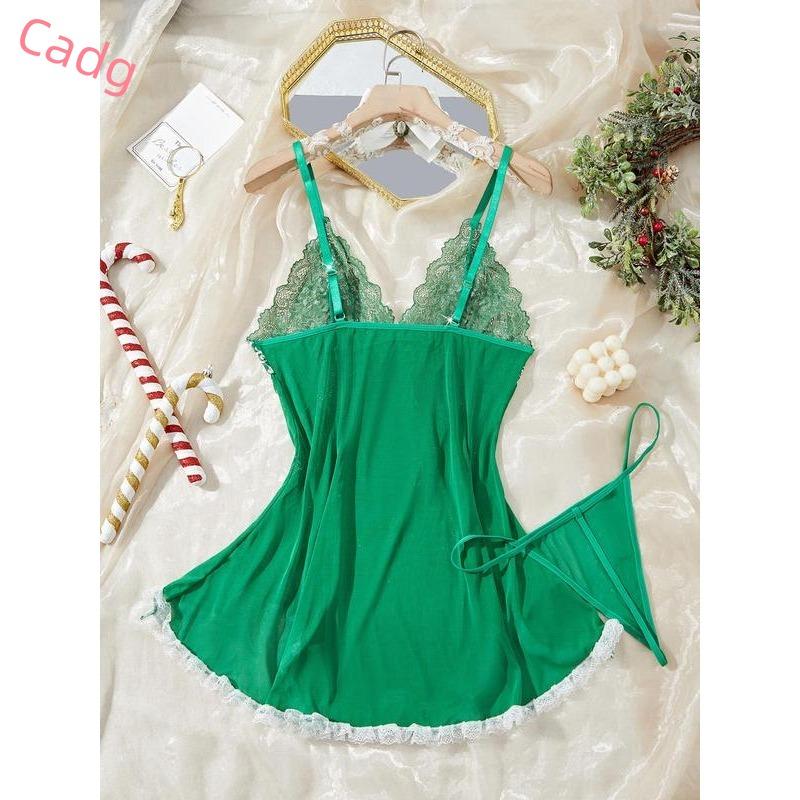Women's Contrast Lace Bow Decor Cami Nightdress & Panty Two-Piece Set, Solid Color Deep V Neck Nightgown & Panty, Ladies Sleepwear for All Seasons Womenswear Loungewear 6