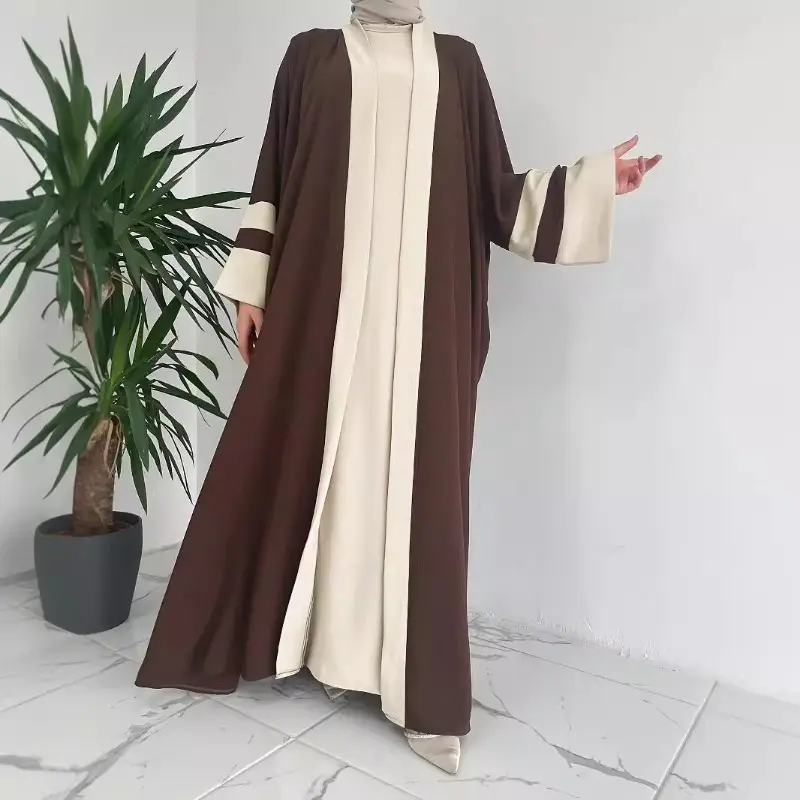 Hot-selling M2686 women's Muslim contrasting coat fashion solid color vest dress set 3