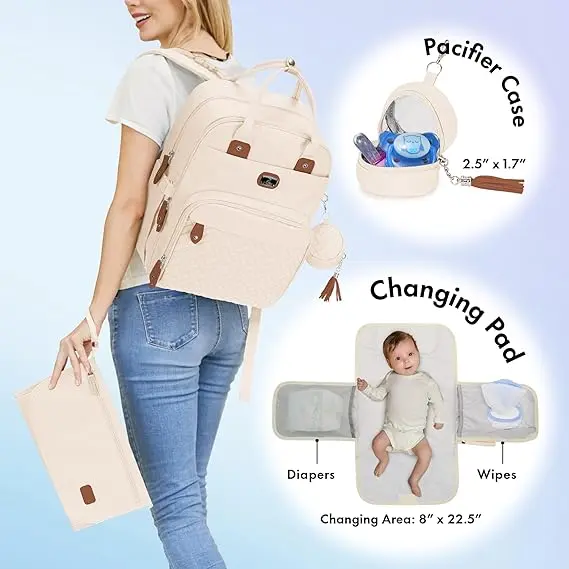 Dikaslon Diaper Backpack: Stylish Baby Bag with Changing Pad, Pacifier Case, and Stroller Straps, Ideal Travel Gear for Mom and Dad,White 1