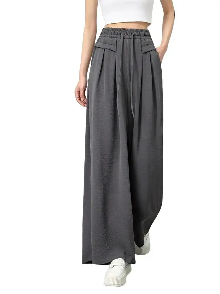 【Hot sale】Chic plus size ice silk wide-leg pants with diagonal pockets - perfect for spring and summer - comfortable and loose fit - women's premium plus size clothing Casual Trouser Womenswear