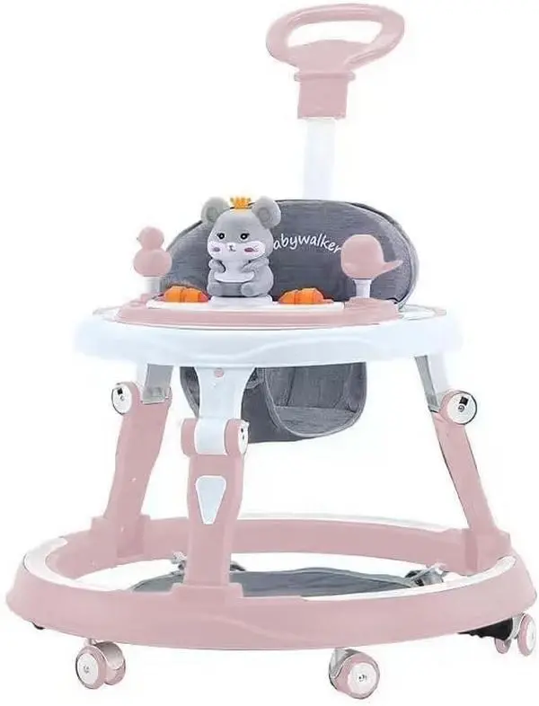 Adjustable Baby Walker, Foldable Safari Walker, Multifunctional Baby Walker, Feeding Tray, Interactive Music, Toys, Lights, Wheel Safety Breaks, Pink New!