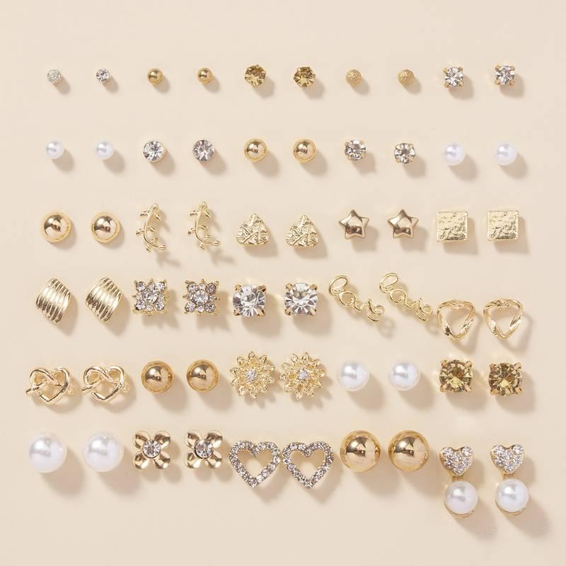 30 Pairs x Alloy Full Rhinestones Love Round Faux Pearl Letter Stud Earrings Set 0