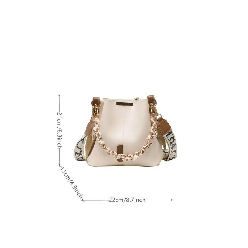 2025 new model Spring Chain Decorated Bucket Bag for Women, Solid Color Crossbody Bag with Silk Scarf, Minimalist Wide Strap Lux Bag for Women's Work & Daily Use Mother's Day Gift 6