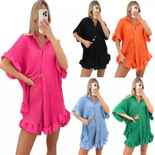 Women's Gold Button Crinkle Pleated Shirt Ladies Shorts Two Piece Co ord Set Casual Comfort Comfortable Cotton Womenswear Overalls Sleeves