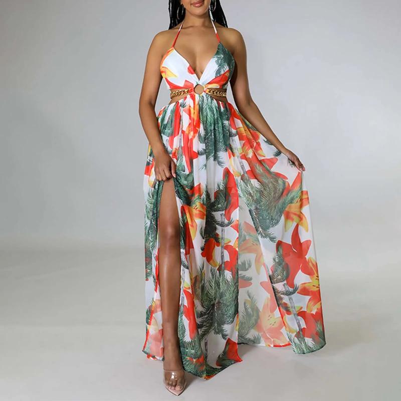 Product Introduction of Floral Print Maxi Dress For Women Stylish French Halterneck Summer Dress Mid Length Camisole Dress Elegant High Split Dress 63