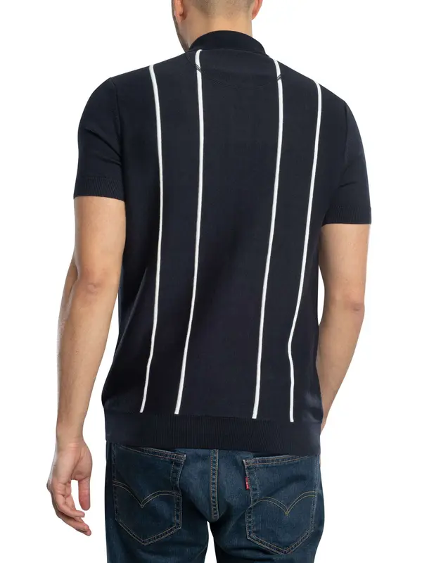 Trojan Raised Stripe Fine Gauge Knitted Polo Shirt - Navy 2