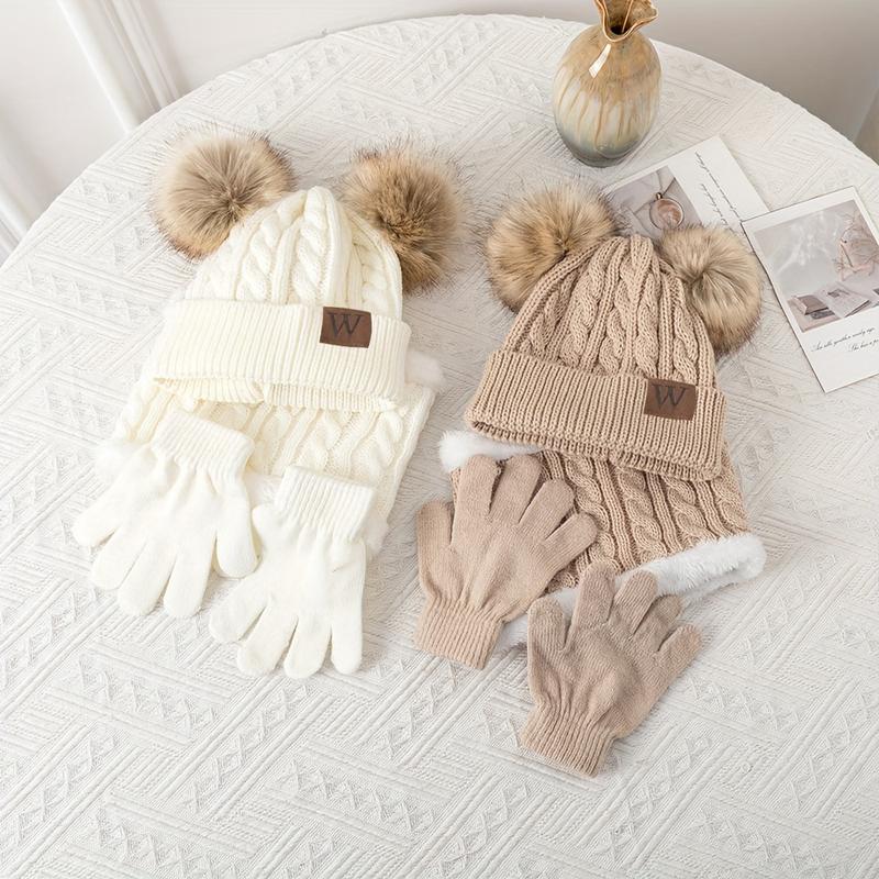 A set of Youngsters's autumn and winter three-piece set of cold-proof and warm suits including double ball knitted hat, scarf, gloves, fashionable and versatile brimless hat suitable for outdoor camping, hiking, and skiing 7