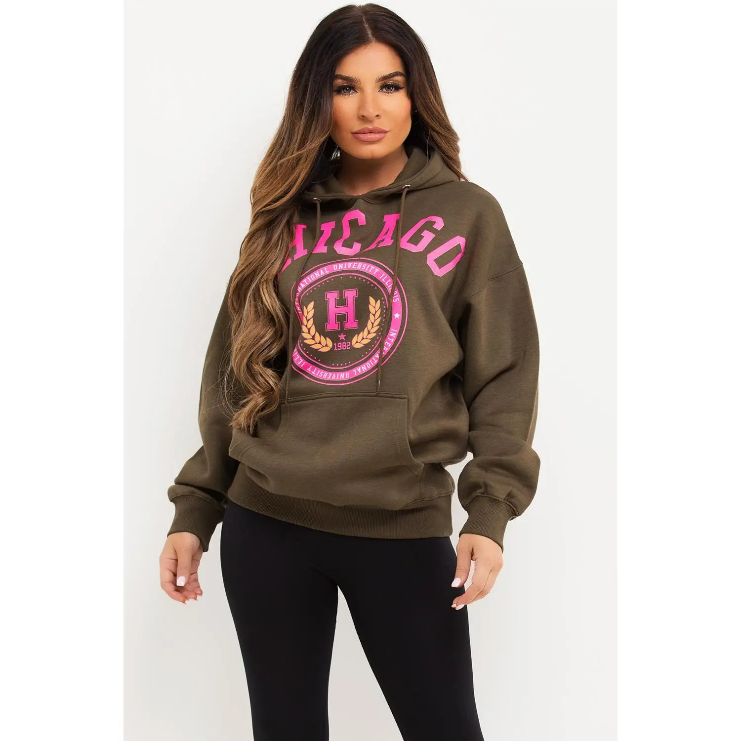 Khaki Oversized Hoodie With Chicago Print