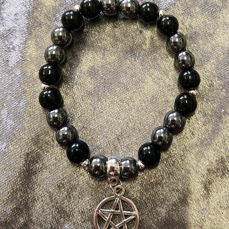 Crystal healing elasticated bracelet with Pentagram charm - Hematite and Orange Aventurine, Hematite and Obsidian, Hematite and Sodalite, Hematite and Carnelian 1
