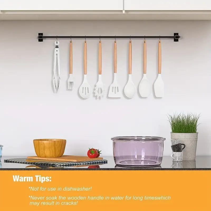 12 Pcs Non-Stick Silicone Cooking Utensils Spatula, Tong, Whisk Set  with Wooden Handle 2