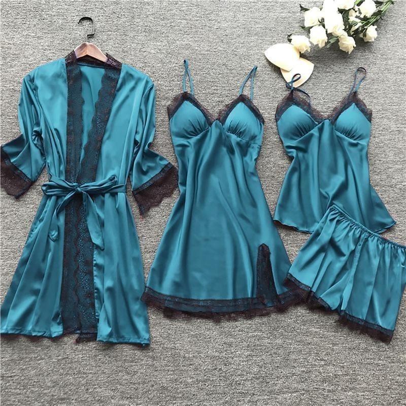 Sleepwear Silk women nightdress lace dress robe pajamas set satin underwear for women full coverage negligee sexy lingerie 2