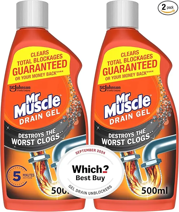 Mr Muscle Drain Unblocker, Sink & Drain Cleaner, Fast Acting Heavy Duty Gel Formula, Dissolves Clogs, Works 3x Better Than Bleach, Safe for All Pipes, Duo Pack (2 x 500ml)