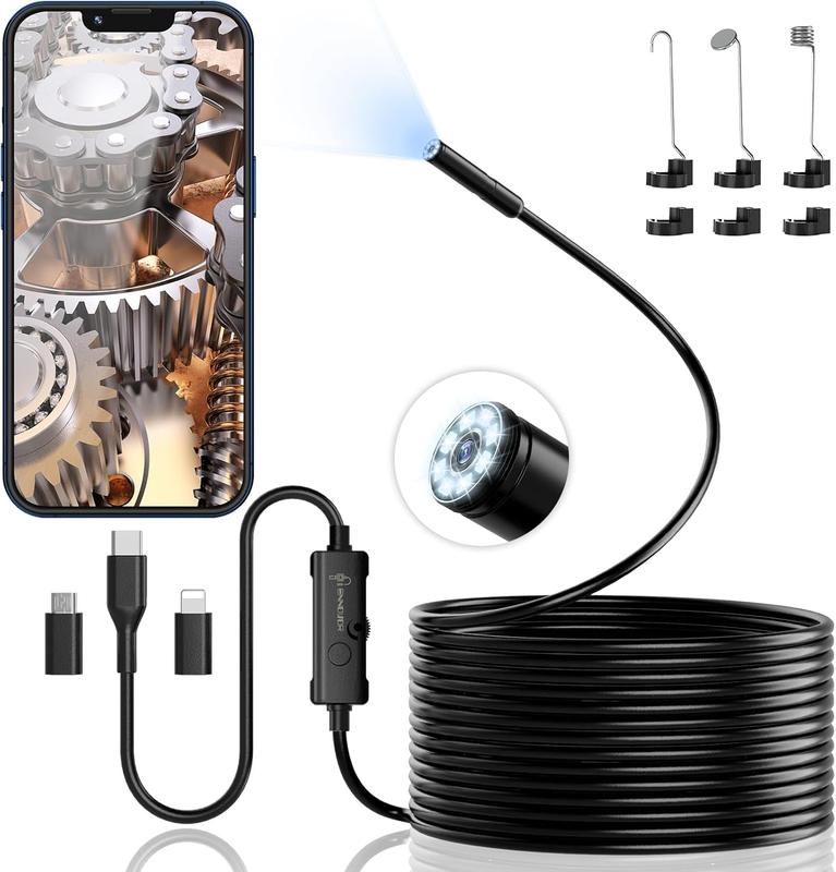 Endoscope Inspection Camera, 8 LED Lights No WiFi Snake Camera, 1920 HD Flexible Rigid Snake Camera, Waterproof IP67 Tube Sink Pipe Drain Camera for Android iOS Tablet Samsung (16.4 ft/ 5m) 1