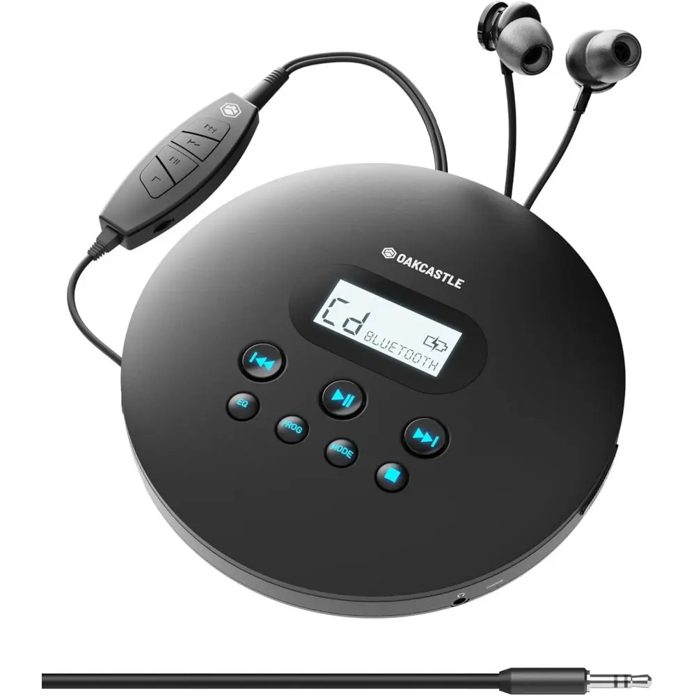 CD100 Rechargeable Bluetooth CD Player | 12hr Portable Playtime | In Car Compatible Personal CD Player | Headphones Included, AUX Output, Anti-Skip Protection, Custom EQ, CD Walkman (Black)