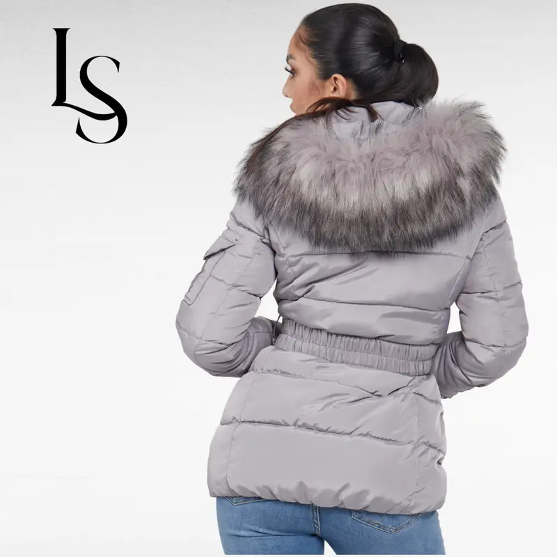 Love Sunshine Shiny Belted Puffer Coat with Faux Fur hood Fitted Pocket Jacket Women Womenswear Outerwear 7