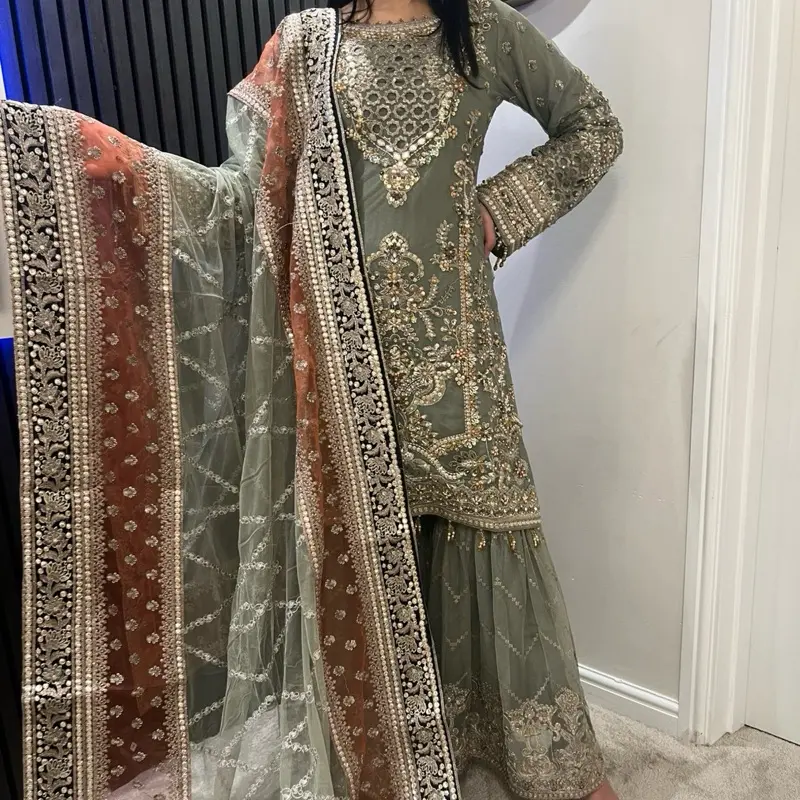 Pistachio heavy stonework Gharara style outfit by imrozia luxury pret wedding collection