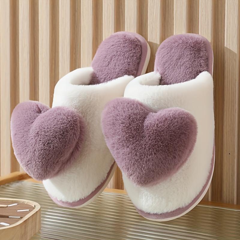 Cute Heart Decor Slippers, Casual Slip On Plush Lined Shoes, Comfortable Indoor Home Valentine's Day Slippers Girl Footwear 1