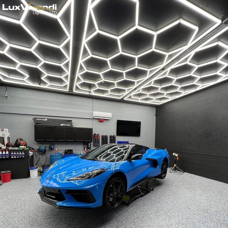 LuxVivend-Hexagon garage Light 6500K 680W 14grid Workshop Autoshop with White Border for Gym Garage Basement Warehouse Car Detailing Shop 2