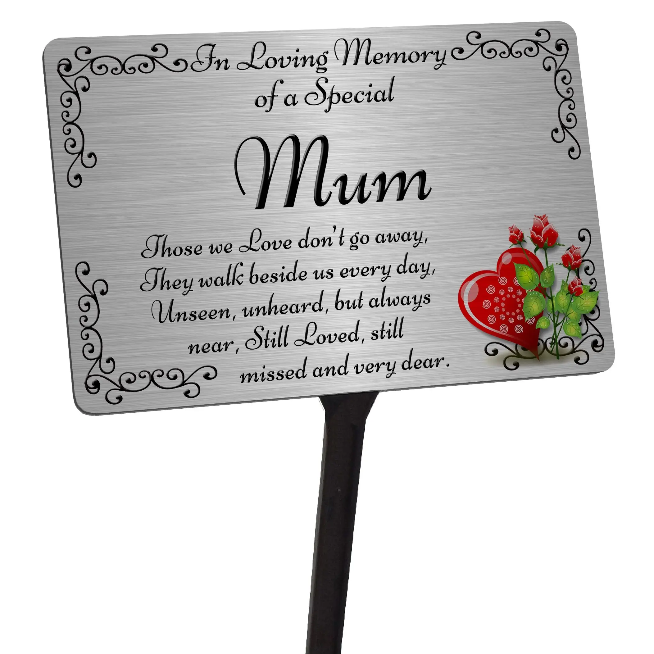 Mum Memorial Plaque & Stake. Brushed Silver or Gold. Waterproof garden grave Decor Signs Aluminium