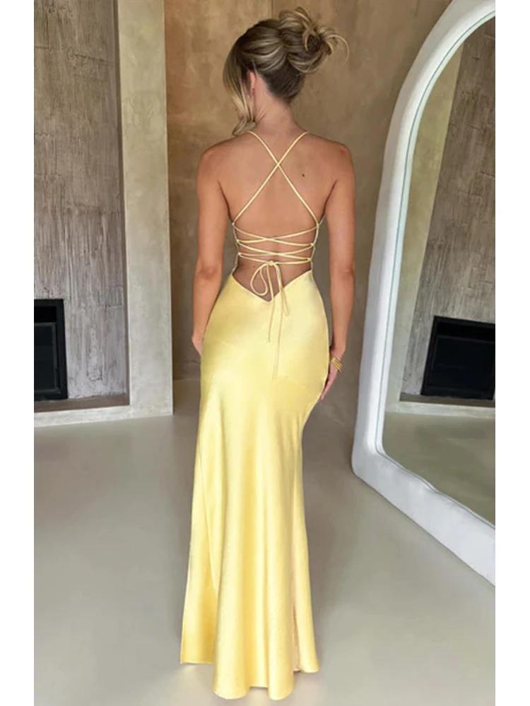 Product Introduction of Bandage Backless Elegant Dress Split Hem Spaghetti Strap Slim Cocktail Party Club Fashion Satin Solid Lace-Up Long Dresses 1