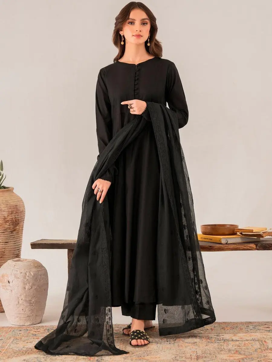 PANACHE APPAREL ORIGINAL FROCK STYLE PANEL DRESS  3 PIECE CHAMBRAY KATTAN SUIT WITH EMBROIDERED DUPATTA BLACK