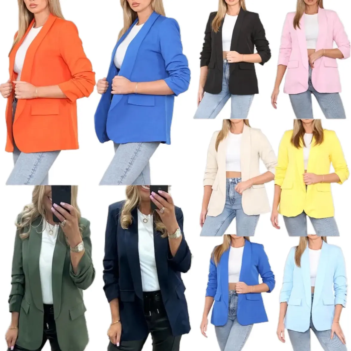 Ladies Rushed Sleeve Fully Lined Blazer Collared Casual Fashion Jacket Top