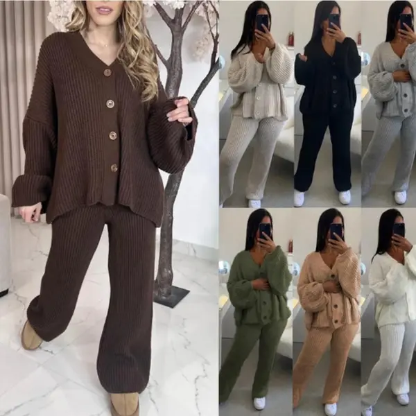 Loxdonz Ladies Chunky Knitted Button Up Cardigan and Wide Leg Trousers Co-ord Loungewear Set - Suits, Womenswear