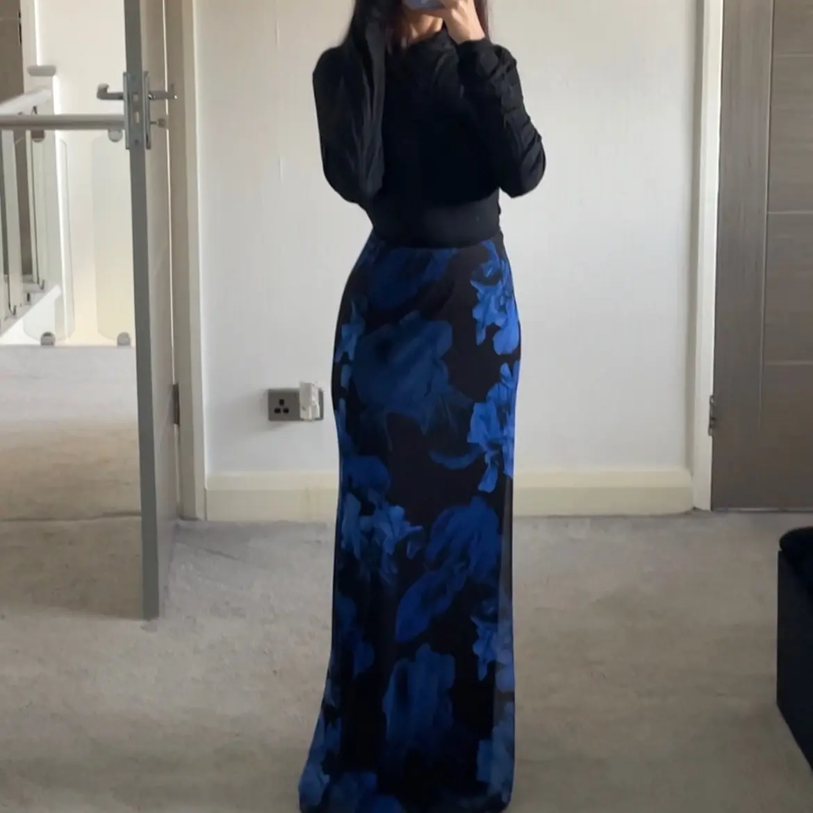 SHESOUT in the blue large floral mesh maxi skirt with inner lining