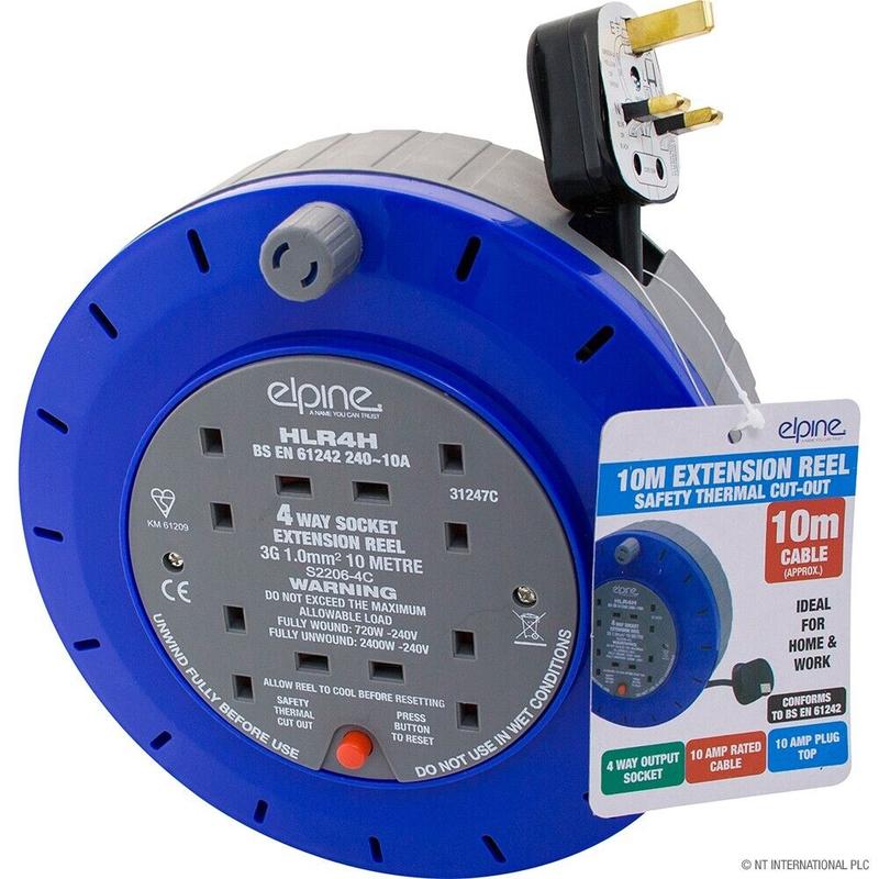 10m Extension Lead Reel 10A 10 Metre 2 Sockets 10 Amp Cable Thermal Cut Out 2400 0