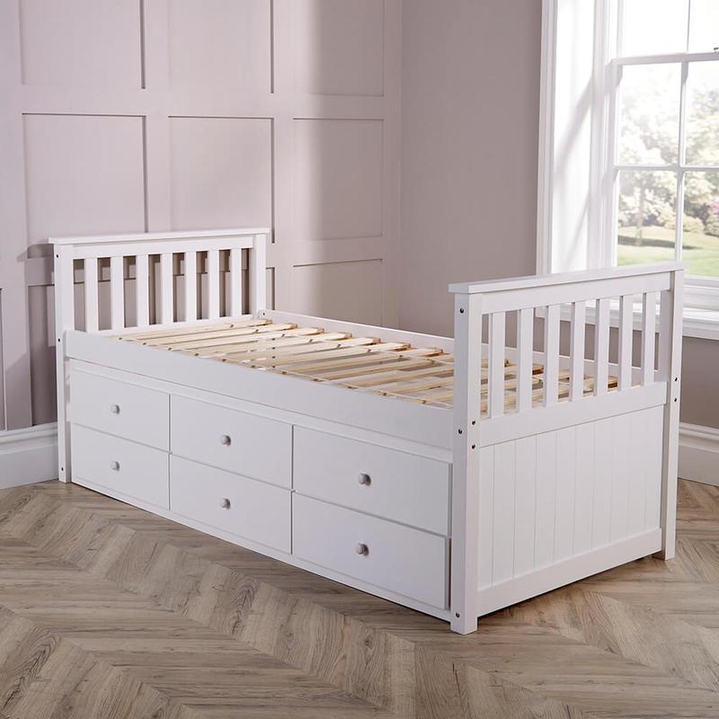 Big Furniture Warehouse White Solid Pine Cabin Bed 3ft Single Pull Out Guest Bed With 3 Storage Drawers 4