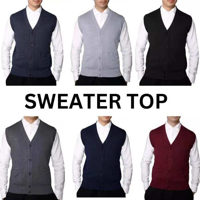 Urbanfit Mens V Shape Neck Sleeveless Jumper Button Up Sweater Tank Top Cardigan M To 2XL Sizes (905) Menswear Longsleeves Plain Waistcoats With Pockets Acrylic Hem Ribbed Sweatshirt