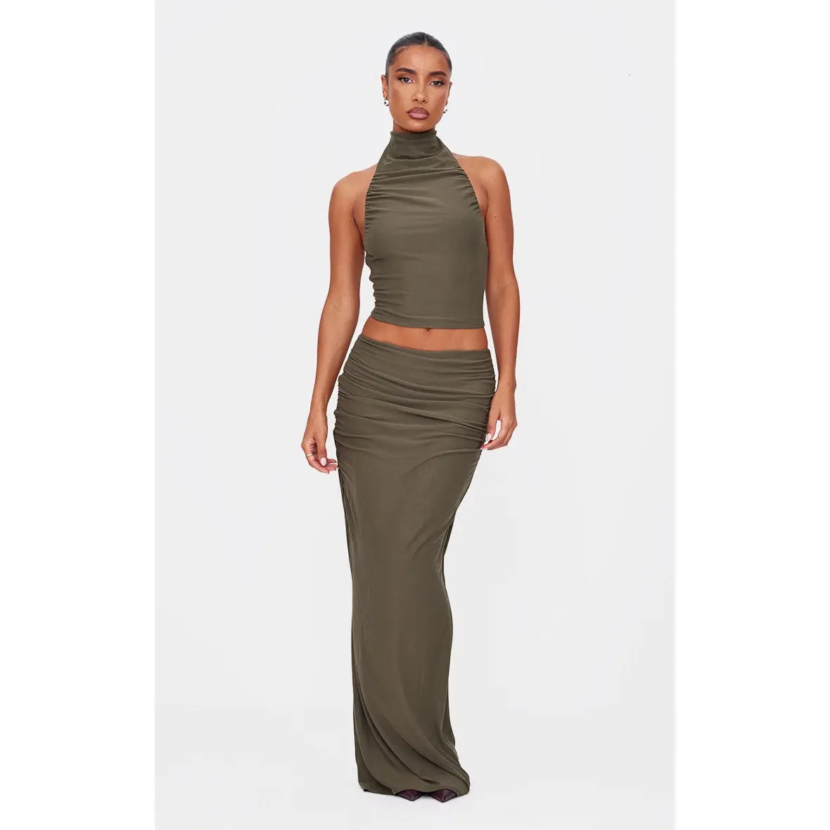 Khaki Soft Touch Ruched Maxi Skirt Next Day Delivery Before 10PM