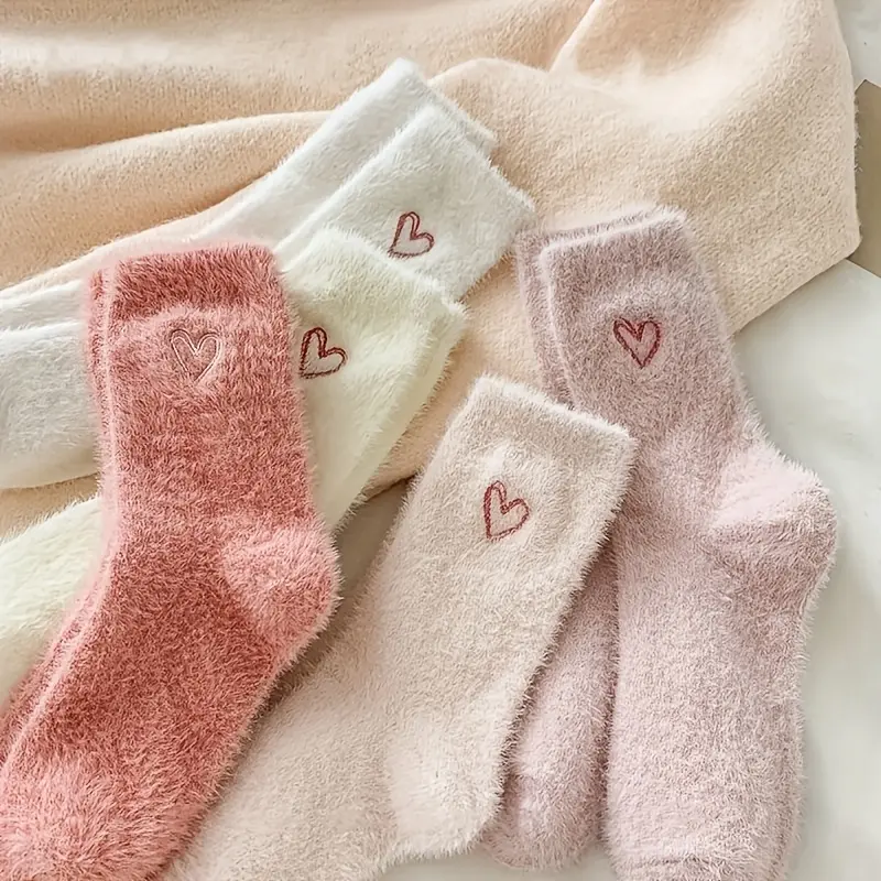 ORACEGRA        5 Pairs of Breathable and Warm Women's Mid - Calf Socks with Embroidered Heart Pattern - Plush Fleece Lined, Crafted from 97% Polyester and 3% Spandex Knit Material, Hand - Washable. A Great Present for Girlfriend, Wife or Mother. 2